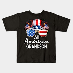 All American Grandson 4th of July USA America Flag Sunglasses Kids T-Shirt